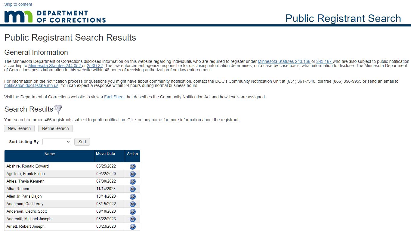 Public Registrant Search - Department of Corrections
